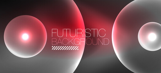 Shiny neon geometric abstract background. Glowing lights on round shapes, triangles and circles. Wallpaper for concept of AI technology, blockchain, communication, 5G, science, business