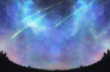 Obraz na płótnie Canvas 星空と流れ星の風景イラスト　針葉樹のシルエット 