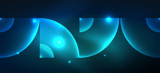 Shiny neon geometric abstract background. Glowing lights on round shapes, triangles and circles. Wallpaper for concept of AI technology, blockchain, communication, 5G, science, business