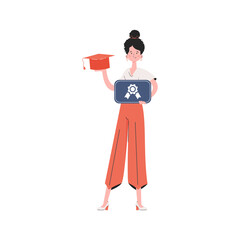 The girl stands in full growth and holds a graduation cap. Isolated. Element for presentations, sites.