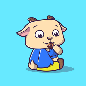 cute goat eating biscuit cartoon mascot style
