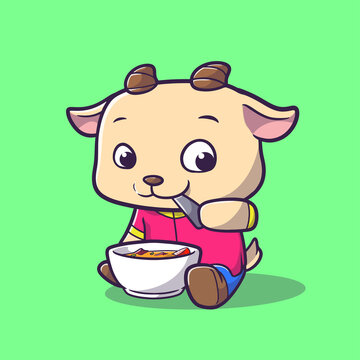 cute goat eating soup cartoon mascot style