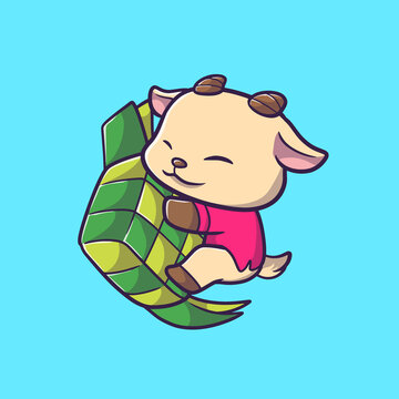 cute goat holding a big ketupat cartoon mascot style