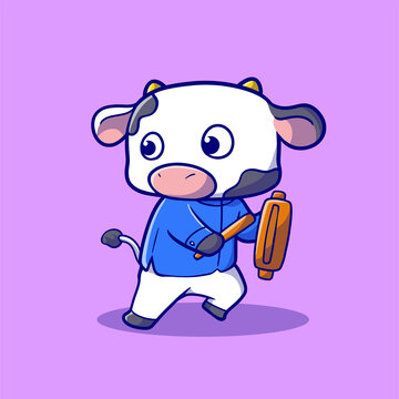 Cute illustration of the cow with wake up call with kentongan mascot cartoon style