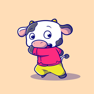 cute Illustration of the cow running with smiling for the blessed eid al Adha mascot cartoon
