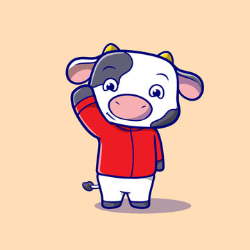 Cute illustration of cow wave hand mascot cartoon style