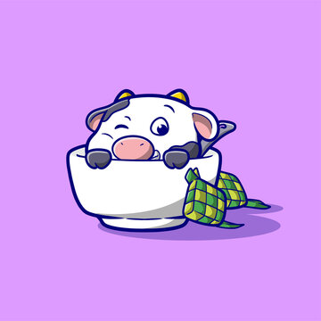 Cute illustration of cow hide in a bowl for the blessed Eid al-Adha mascot cartoon