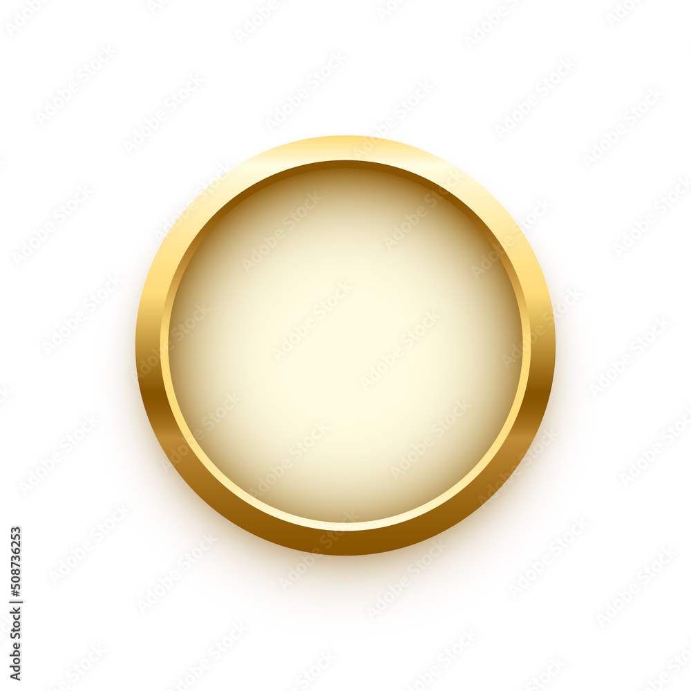 Poster white button in round gold frame vector illustration. 3d realistic shiny metal golden circle ring on