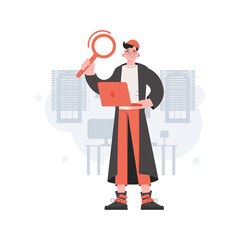 The guy stands in full growth works at the computer. Search. Element for presentations, sites.