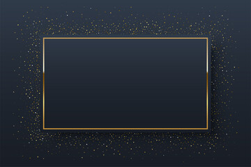 Decorative rectangle gold frame with glitter vector illustration. 3d realistic shiny bright golden border design for fashion greeting card, ornate unique framework with sparkles on black background