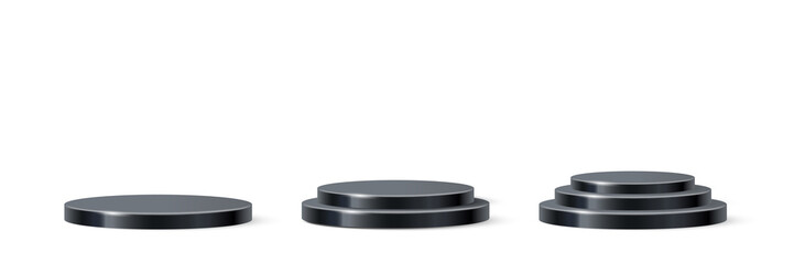 3d circle podium set for product presentation, black platforms with one, two and three steps