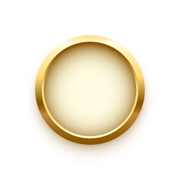 White button in round gold frame vector illustration. 3d realistic shiny metal golden circle ring on push click button for website, abstract badge element design or medal isolated on white background