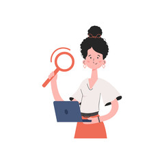 The girl is waist-deep holding a magnifying glass. Isolated. Element for presentations, sites.