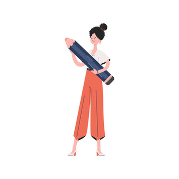 The girl is standing in full growth holding a large pencil. Isolated. Element for presentations, sites.