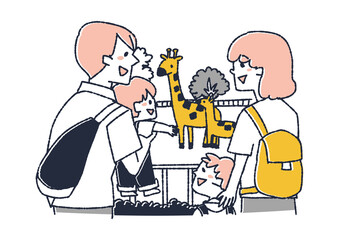 動物園でキリンを見ている四人家族　コミカルな手書きの人物　ベクター、温かみのある線画
