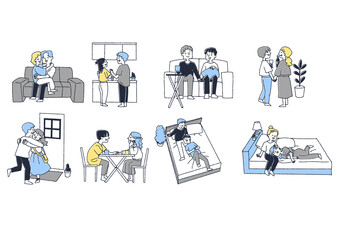 異性愛者や同性愛者が部屋でデートを楽しむセット　コミカルな手書きの人物　ベクター、温かみのある線画