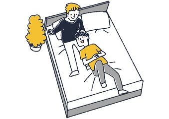 ベッドでくつろぐ二人　部屋でデートをする男性と男性のカップル　コミカルな手書きの人物