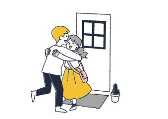 ドアの前で抱き合う二人　部屋でデートをする男女のカップル　コミカルな手書きの人物