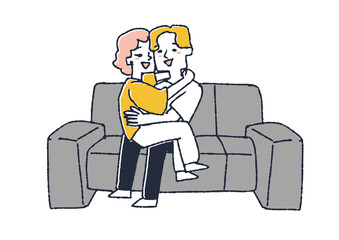 ソファで抱き合う二人　部屋でデートをする男女のカップル　コミカルな手書きの人物