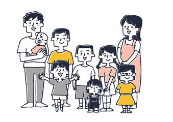 子沢山の大家族　コミカルな手書きの人物　ベクター、温かみのある線画