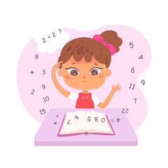 Confused kid suffering with dyscalculia, sitting at desk in classroom, doing homework