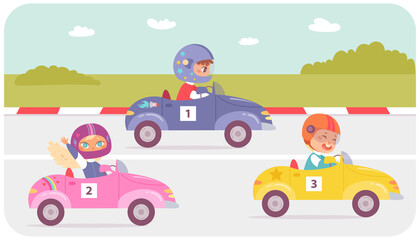 Funny children racers driving speed toy cars on road, race competition of kids drivers
