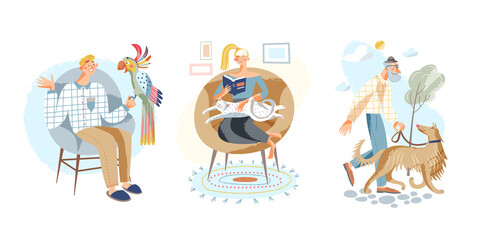 Life scenes of pet owners and animals set, girl and cat sitting in chair, man walking dog