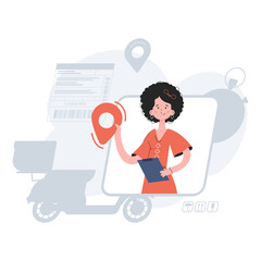 A woman stands waist-deep and holds a location icon in her hands. Delivery. Element for presentations, sites.