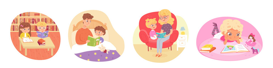 Kids reading books set. Happy clever children learning vector illustration. Father with son in bed, mother with daughter, girl lying at home, boy with friend in school library