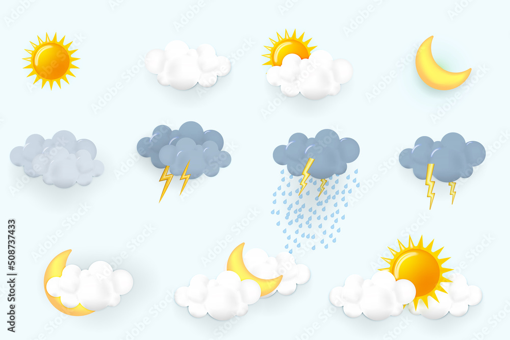 Wall mural cloud weather set. realistic 3d symbol design. complete collection. isolated on blue background. vec
