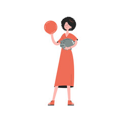 A woman stands in full growth holding a piggy bank. Isolated. Element for presentations, sites.