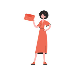 A woman stands in full growth holding a letter. Isolated. Element for presentations, sites.