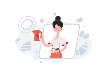 A woman is waist-deep in her hands holding a cup. Coffee shop. Element for presentations, sites.
