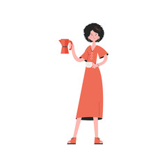 A woman stands in full growth in the hands of coffee. Isolated. Element for presentations, sites.