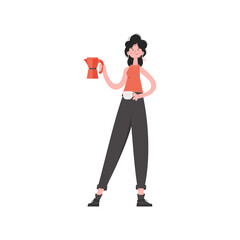 A woman stands in full growth in her hands a cup and a coffee pot. Isolated. Element for presentations, sites.