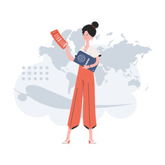 A woman stands in full growth holding a ticket. Travel. Element for presentations, sites.