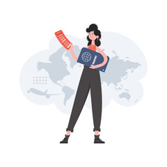 A woman stands in full growth holding a passport. Travel. Element for presentations, sites.