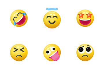 Fototapeta premium Set of icons face emotion realistic 3d render. Yellow glossy emoticons. vector illustration