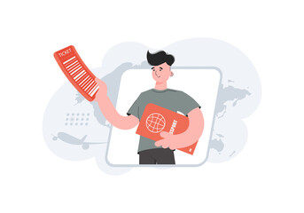 A man stands waist-deep and holds a passport. Travels. Element for presentations, sites.