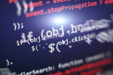 Programming code screen of software developer. Software Programming Work Time. Code text written...