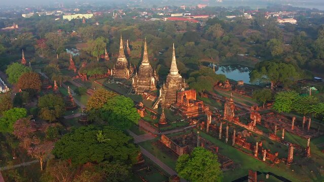 Aerial view of Wat Phra Si Sanphet ruin temple at sunrise in Phra Nakhon Si Ayutthaya, Thailand