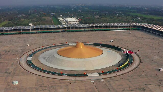 Aerial view of Wat Phra Dhammakaya temple in Pathum Thani Province north of Bangkok, Thailand.