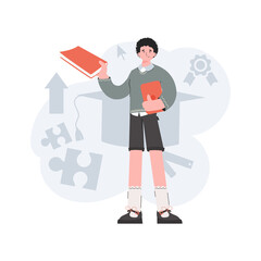 The guy is standing in full growth with a book. Online school. Element for presentations, sites.