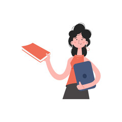 A woman stands waist-deep with a book and a tablet. Isolated. Element for presentations, sites.