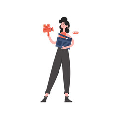 A woman stands in full growth holding a clapperboard film. Isolated. Element for presentations, sites.