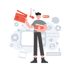 A man stands in full growth holding a clapperboard film. Blogging. Element for presentations, sites.