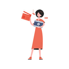 A woman stands to her full height and holds a clapperboard in her hands. Isolated. Element for presentations, sites.