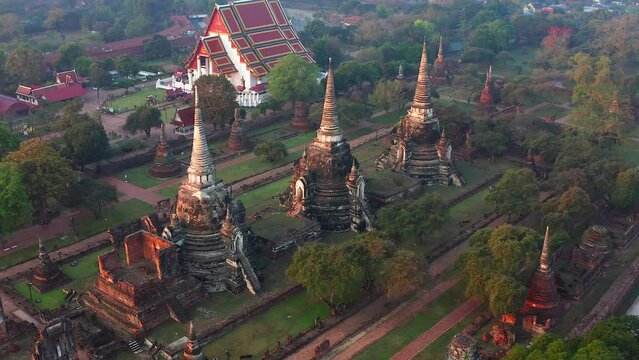 Aerial view of Wat Phra Si Sanphet ruin temple at sunrise in Phra Nakhon Si Ayutthaya, Thailand