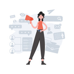 A woman stands in full growth holding a loudspeaker and binoculars. HR theme. Element for presentations, sites.