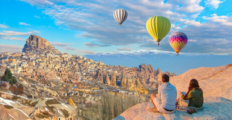 Hot air balloon flying over spectacular Cappadocia - Goreme, Turkey